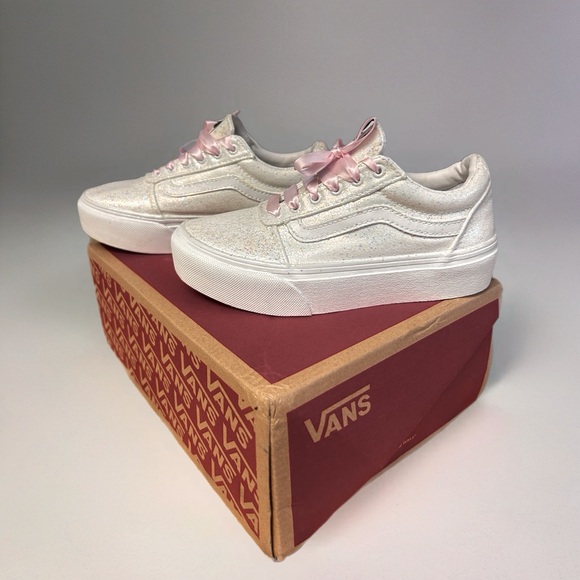 Vans Glittery White Sneakers with Pink Ribbon - Picture 1 of 3